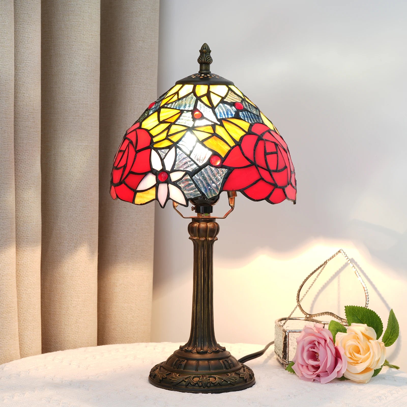 lampe de chevet Tiffany red rose 