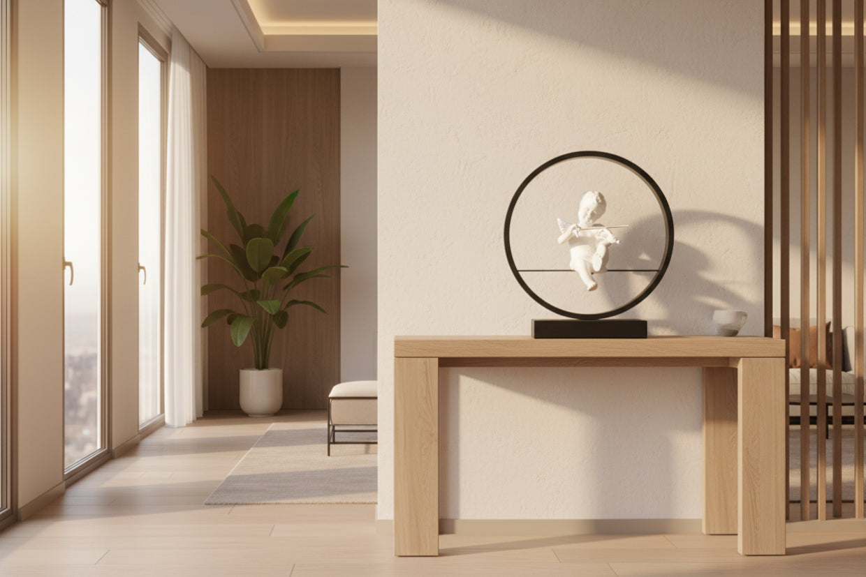 lampe de chevet ange noir sur une table